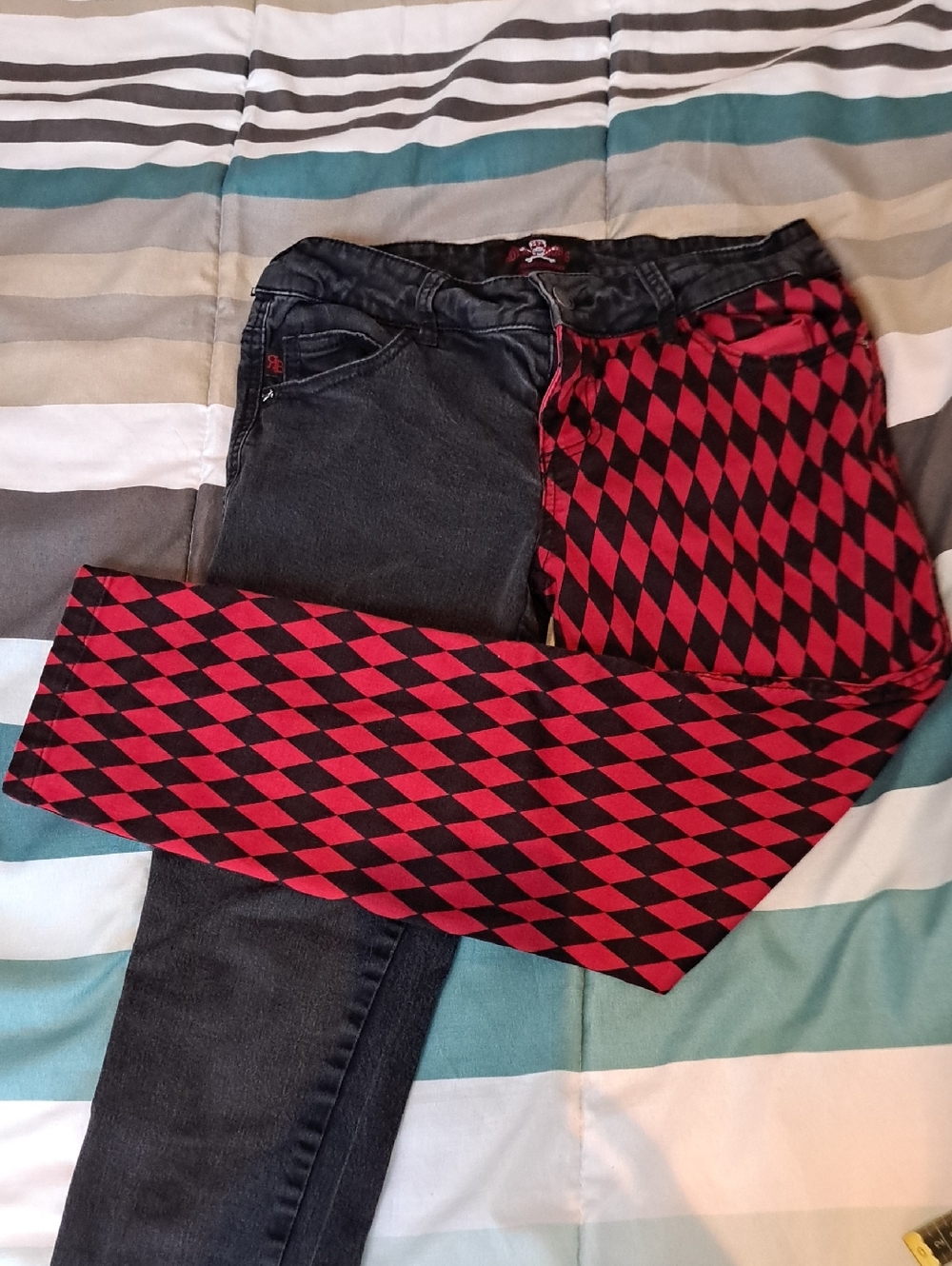 Royal Bones Black and Red Harlequin Panel Jeans
